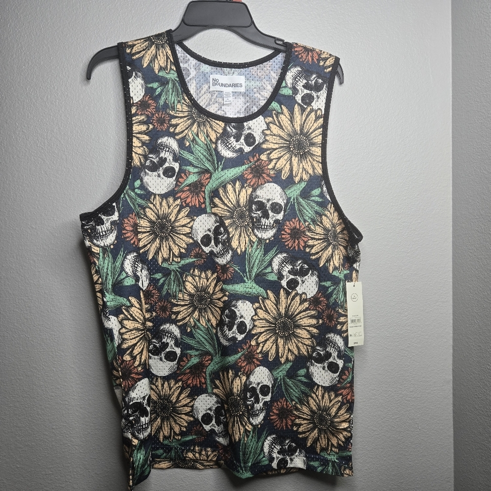 No Boundaries Skull and Floral Tank Top - Black, Green, Yellow - Picture 4 of 8